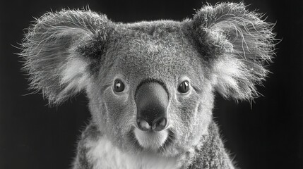 Naklejka premium Koala with wide-open eyes in black and white photo