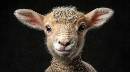Fototapeta premium Close-up of sheep's face on black background with slight hair