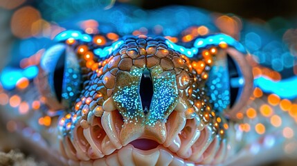  Snake's eye-catching head illuminated by bright lights against a hazy backdrop