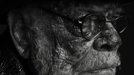   A grayscale picture of an elderly gentleman wearing spectacles and a hat on his head