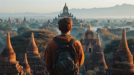 A solo tourist admiring ancient temples at sunrise in Bagan, Myanmar - Powered by Adobe