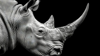 Obraz premium A monochrome image of a rhino with its head turned to the side on a dark background