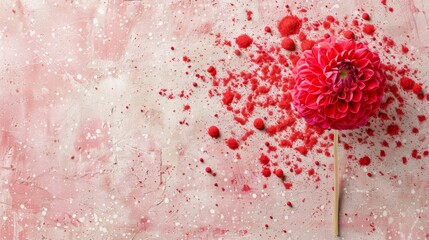   A red flower atop a wooden stick, near a mound of red crumbs, on a white background