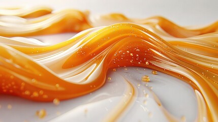   A detailed image of wavy orange-white fluid on a white background with gold speckles