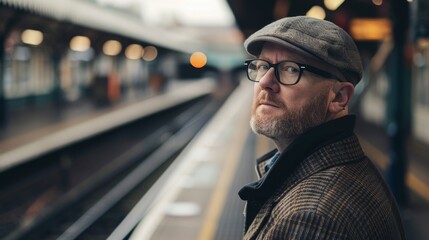 A man between 40 and 50 years old, with fair skin and a beard, stands at a station waiting for a...