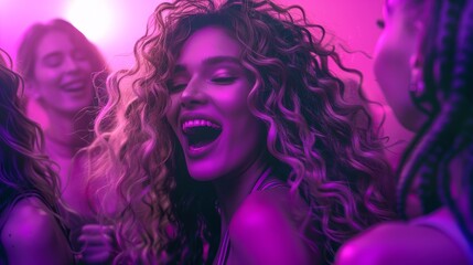 fashionable and attractive woman with gorgeous hair that has a lot of volume to it's lofty curls, shouts the lyrics to a song whilst dancing with her friends, purple tone to the photo