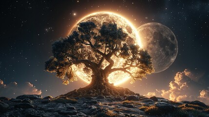  A tree perched atop a hill, bathed in moonlight with stars and clouds above