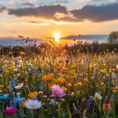  various spring flowers on field. Background is beautiful sunset . 