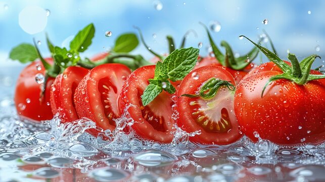   A cluster of red tomatoes surrounded by green foliage, with water droplets glistening on their surfaces, set against a backdrop of azure sky