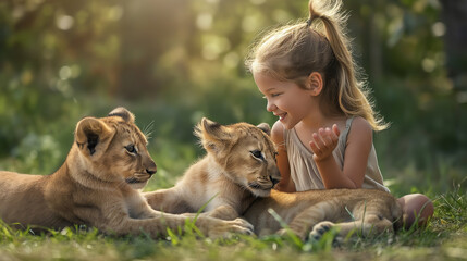 Uma garotinha fofa brincando com filhotes de leão na grama