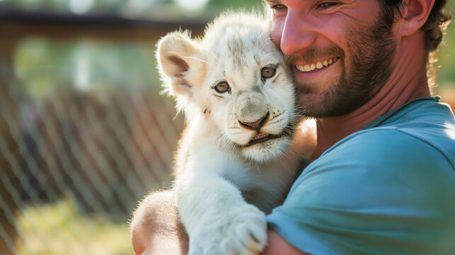 Homem sorrindo abraçando um filhote de leão branco