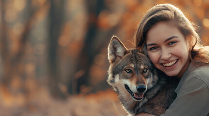Mulher abraçando um filhote de lobo 