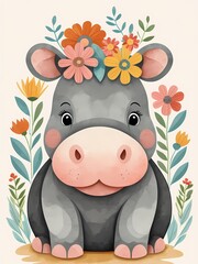 Floral Baby Hippo Nursery Generative AI Illustration