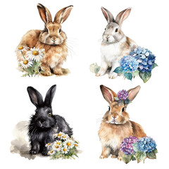 Watercolor cute easter rabbits, cute bunnies with flowers