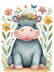Floral Baby Hippo Nursery Generative AI Illustration