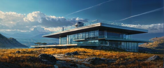 A contemporary house with extensive glass walls sits in a serene mountain terrain under the morning sky