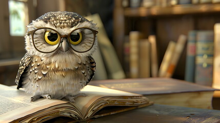 3D illustration of a scholarly owl sitting on a pile of books in a library, banner for college or school education
