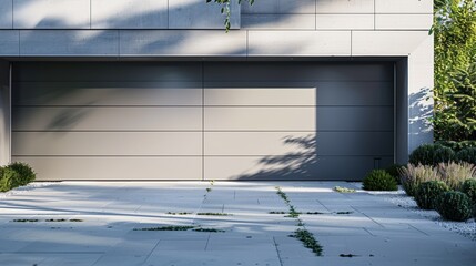 A modern Central European garage, broad closed sectional door, segmented into horizontal panels, light gray color. 