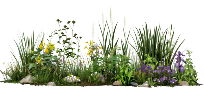 Rain garden setup featuring moisture-loving grasses and wildflowers like irises and marsh marigolds, promoting water conservation, isolated on transparent background