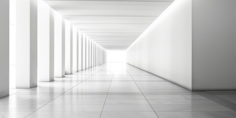 The photo captures the essence of minimalist architecture, featuring an impeccably symmetrical white corridor leading into infinity