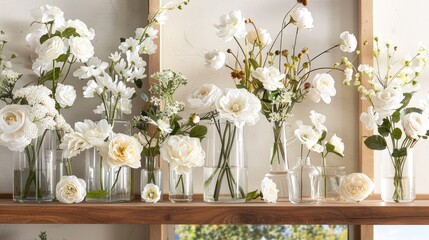 white flowers arranged in glass vases, their delicate petals bathed in soft natural light, evoking a sense of purity and tranquility.