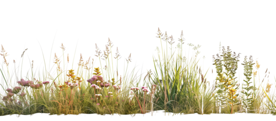 Coastal buffer zone of sea grasses and salt-tolerant wildflowers, providing habitat and shoreline protection, isolated on transparent background