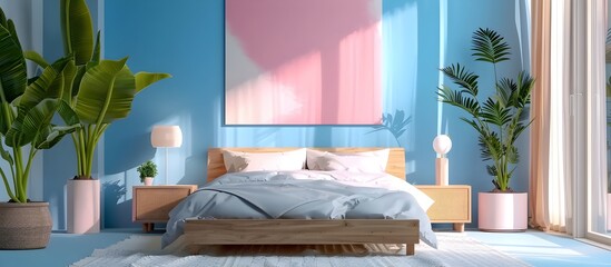 3d rendering of bright blue and light pink bedroom with wooden bed, wooden bedside table, white floor lamp