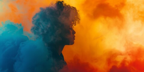 This image captures dynamic swirls of blue and orange smoke with a central focus of a blurred human face