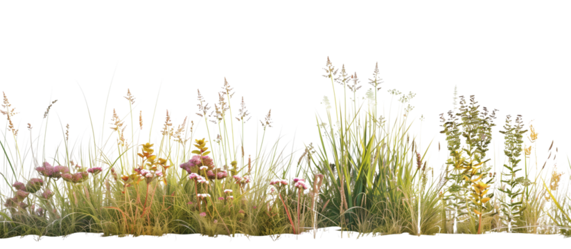Coastal buffer zone of sea grasses and salt-tolerant wildflowers, providing habitat and shoreline protection, isolated on transparent background