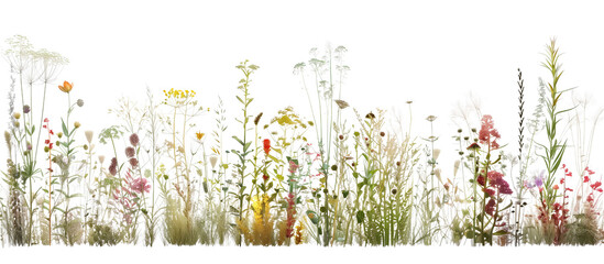 Botanical gradient display from aquatic plants to dry-loving grasses and wildflowers, illustrating different ecological zones, isolated on transparent background