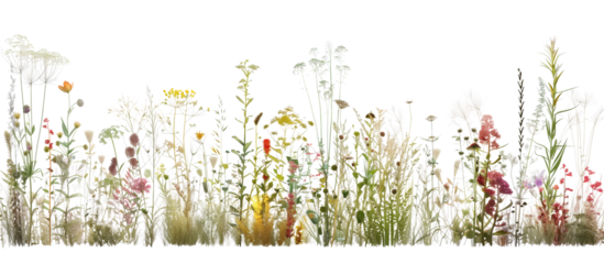 Botanical gradient display from aquatic plants to dry-loving grasses and wildflowers, illustrating different ecological zones, isolated on transparent background