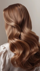 Obraz premium A professional photo of a Wella model showcasing her beautiful, flowing light brown hair from a back view, perfect for a hair dye package. The image captures the well-nourished, moisturized, and lush 