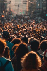 Image of a bustling street scene with a focus on individuals in the foreground, amidst a crowd, faces are blurred