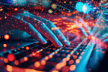 A hand interacts with a dynamic and futuristic digital interface filled with glowing data points and connectivity lines