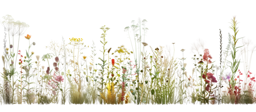 Botanical gradient display from aquatic plants to dry-loving grasses and wildflowers, illustrating different ecological zones, isolated on transparent background
