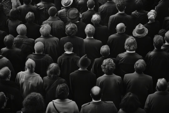 A black and white photograph capturing the back of a large crowd of people at a formal gathering or event
