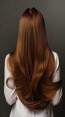 Naklejka premium A professional photo of a Wella model showcasing her beautiful, flowing light brown hair from a back view, perfect for a hair dye package. The image captures the well-nourished, moisturized, and lush 