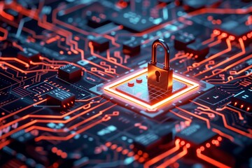The image highlights a glowing padlock symbol on a circuit board background, implying strong cybersecurity measures