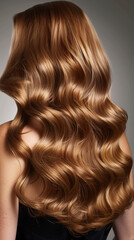 Fototapeta premium A professional photo of a Wella model showcasing her beautiful, flowing light brown hair from a back view, perfect for a hair dye package. The image captures the well-nourished, moisturized, and lush 