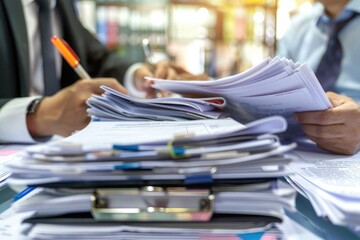 Male office workers holding and writing documents on office desk, Stack of business overload paper.