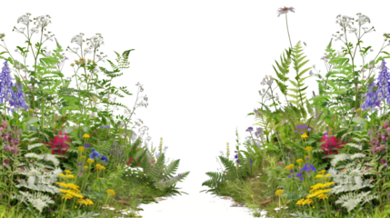 Wildflowers and ferns along a forest path, isolated on transparent background