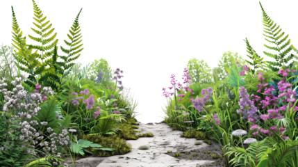 Wildflowers and ferns along a forest path, isolated on transparent background