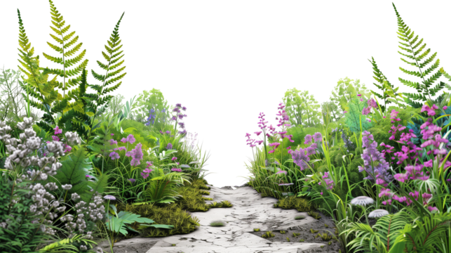 Wildflowers and ferns along a forest path, isolated on transparent background