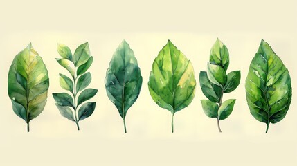 This set of botanical posters features hand drawn leaves with green watercolor texture, leaf branches, and line art. It is suitable for wall decoration, interior, wallpaper, and banners in an