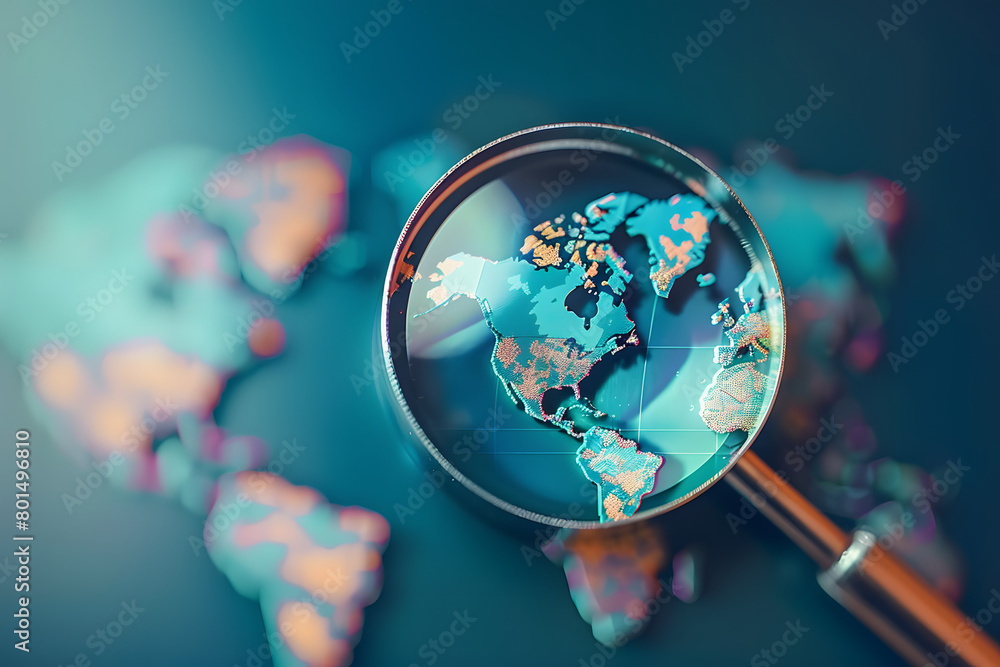 Poster magnifier with world map element. global search concept. ai generated, human enhanced