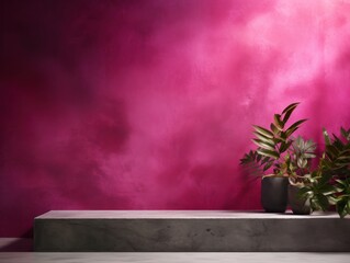 Magenta minimalistic abstract empty stone wall mockup background for product presentation. Neutral industrial interior with light, plants