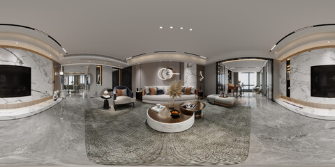 3d render of luxury home interior, 360 degrees view - obrazy, fototapety, plakaty