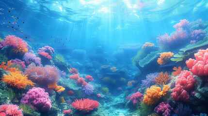 Fototapeta premium A vibrant coral reef teeming with colorful marine life, showcasing the beauty of underwater landscapes. The sunlight filters through clear blue water, illuminating an array of tropical fish and sea pl