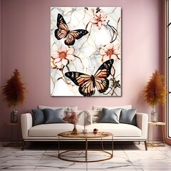panel-wall-art-marble-background-with-flowers-designs-and-butterfly-silhouette-wall-decoration