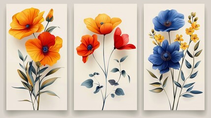 Posters of abstract flowers with floral designs with contemporary colors. Fabric wall art, posters with modern naive groovy funky styles. Modern illustration.
